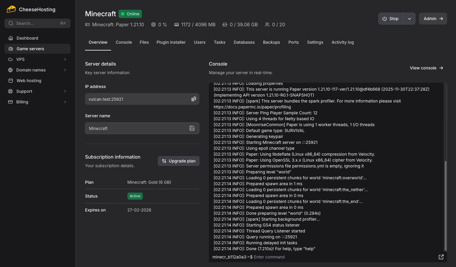 Minecraft server hosting control panel