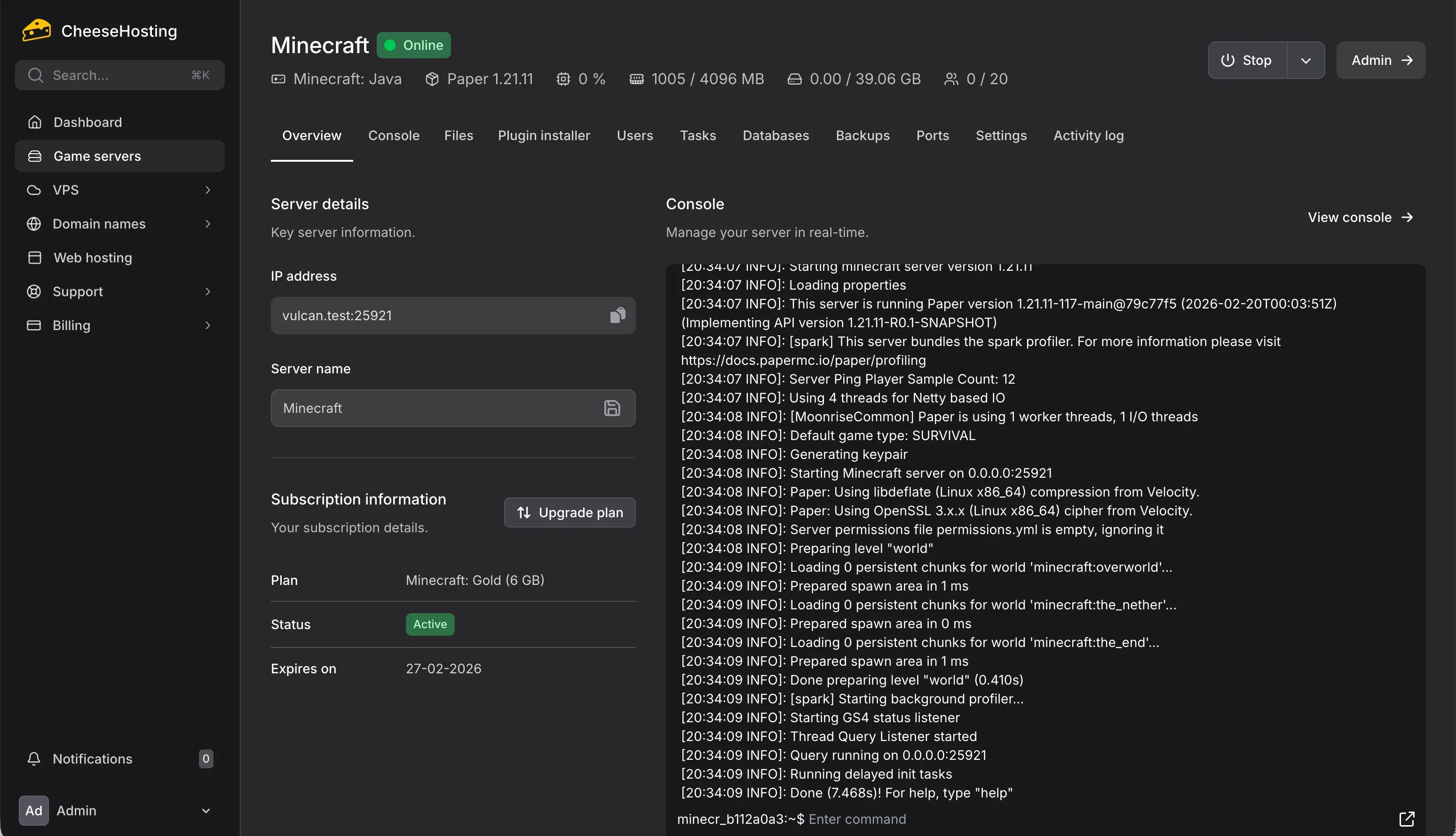 Minecraft server real-time console