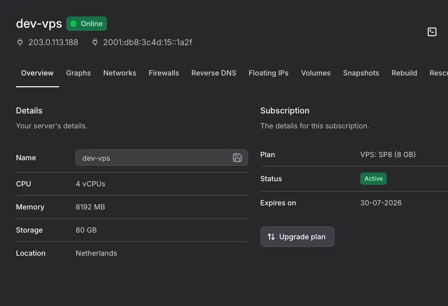 VPS management in the CheeseHosting control panel