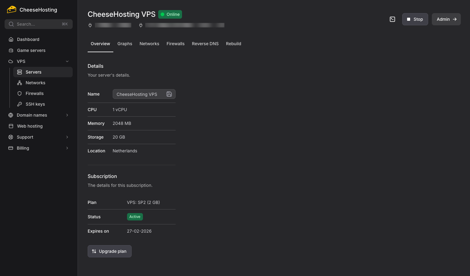 VPS management in the CheeseHosting control panel