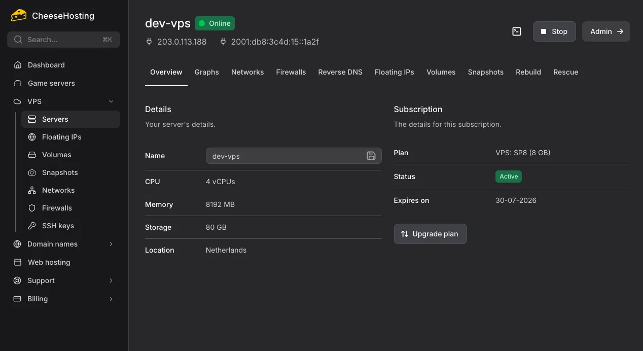 VPS management in the CheeseHosting control panel