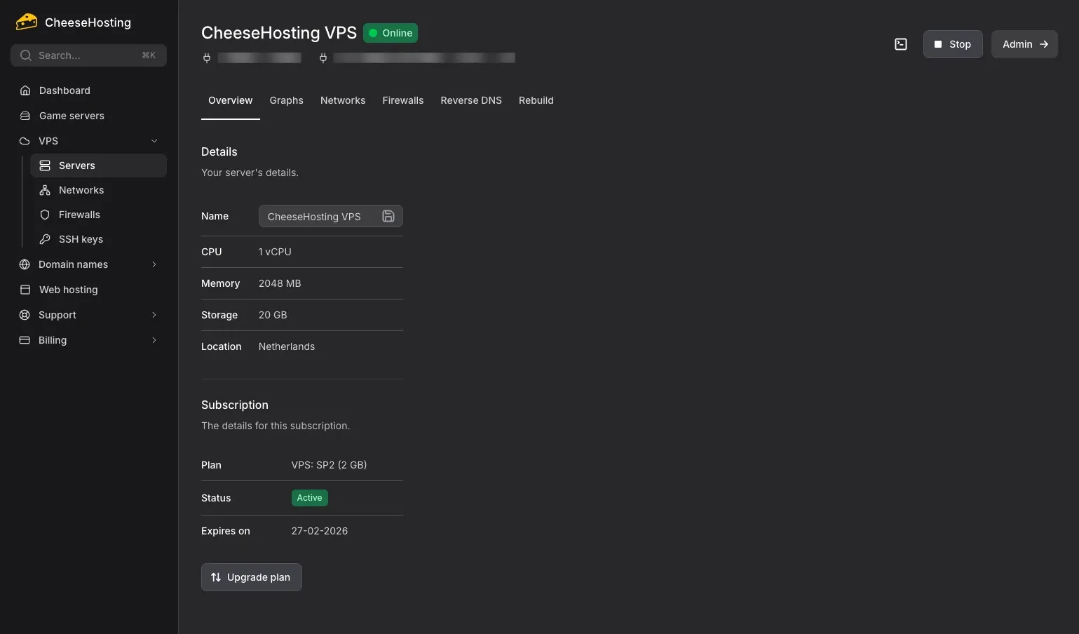 VPS management in the CheeseHosting control panel
