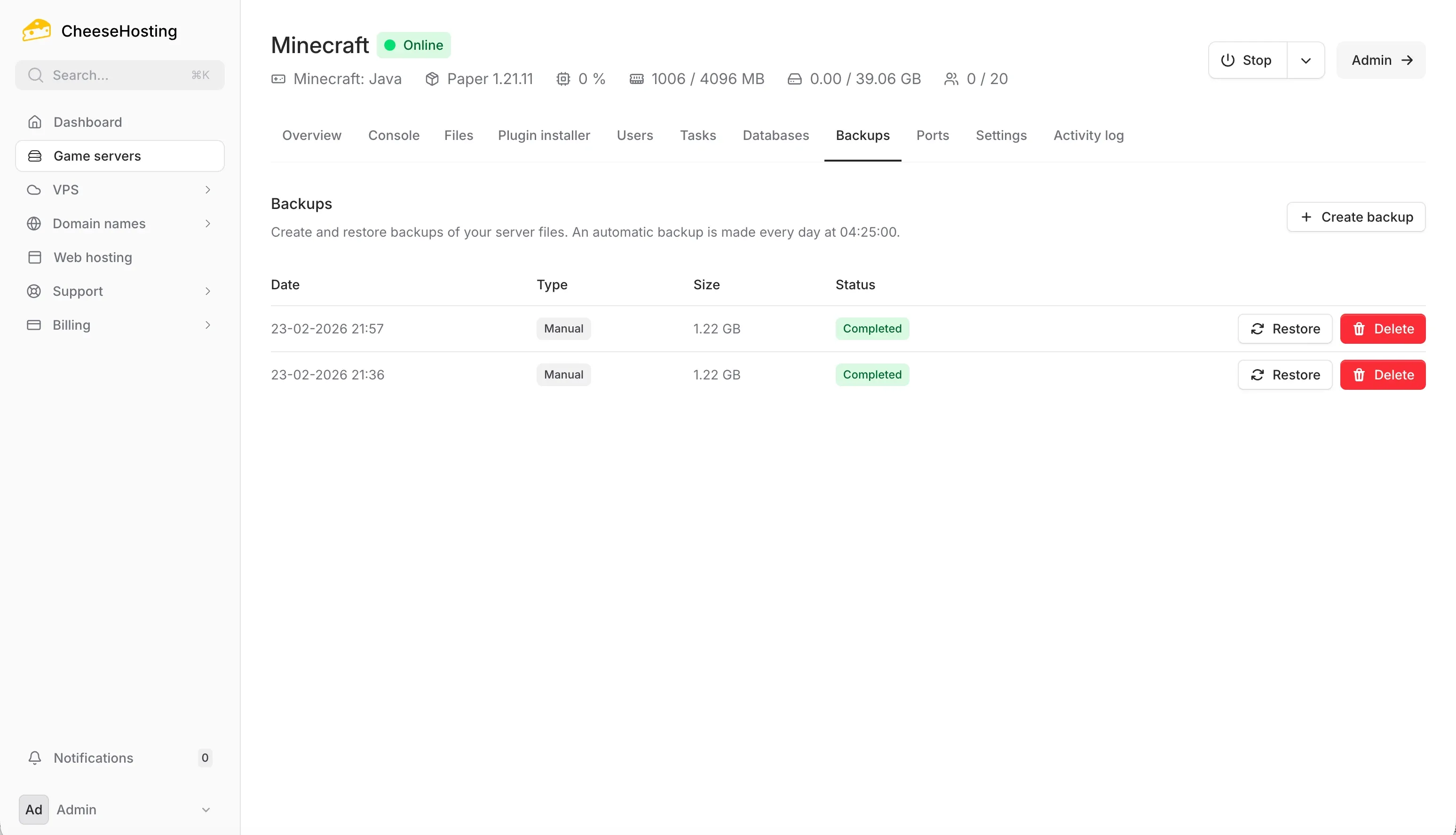 Minecraft server automatic backups