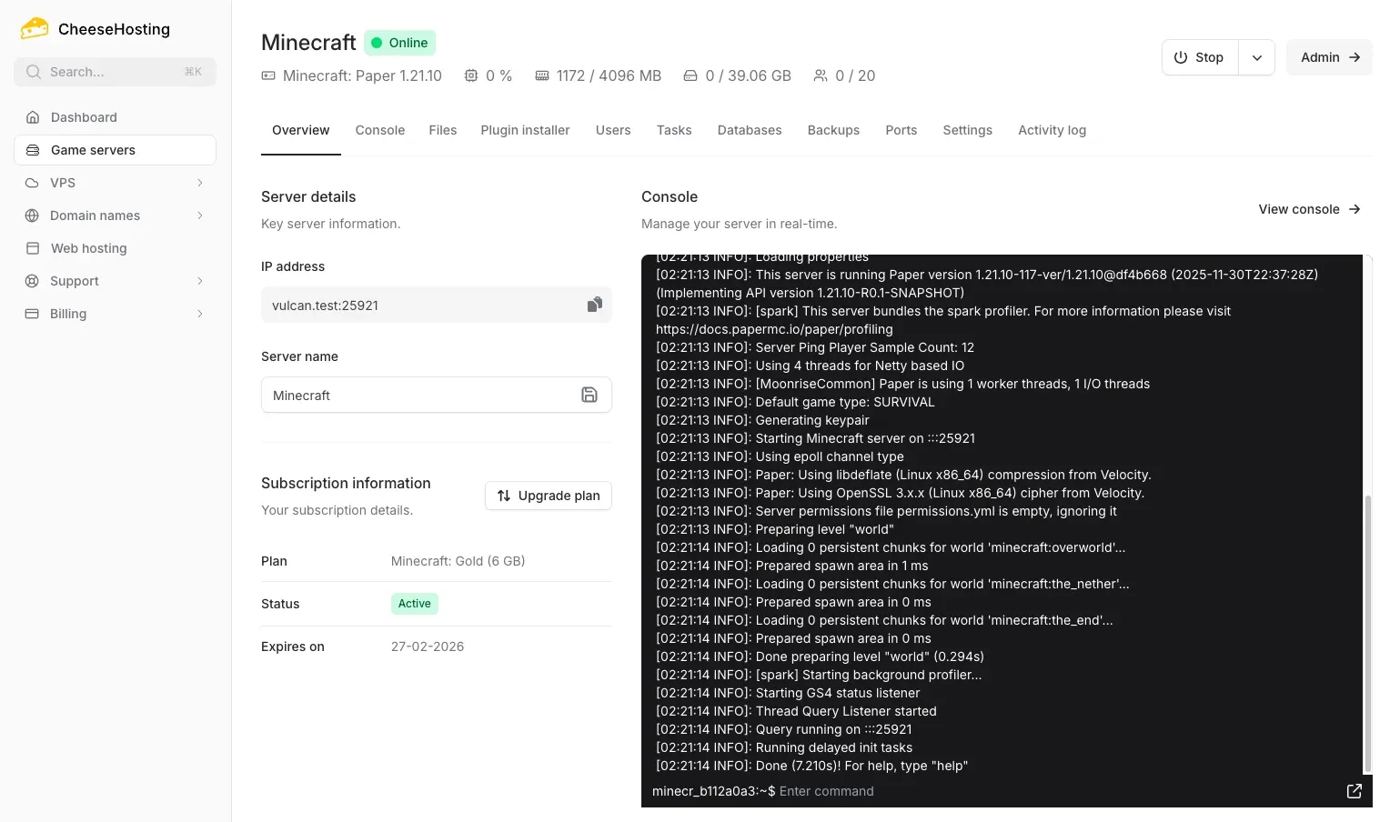 Custom CheeseHosting control panel