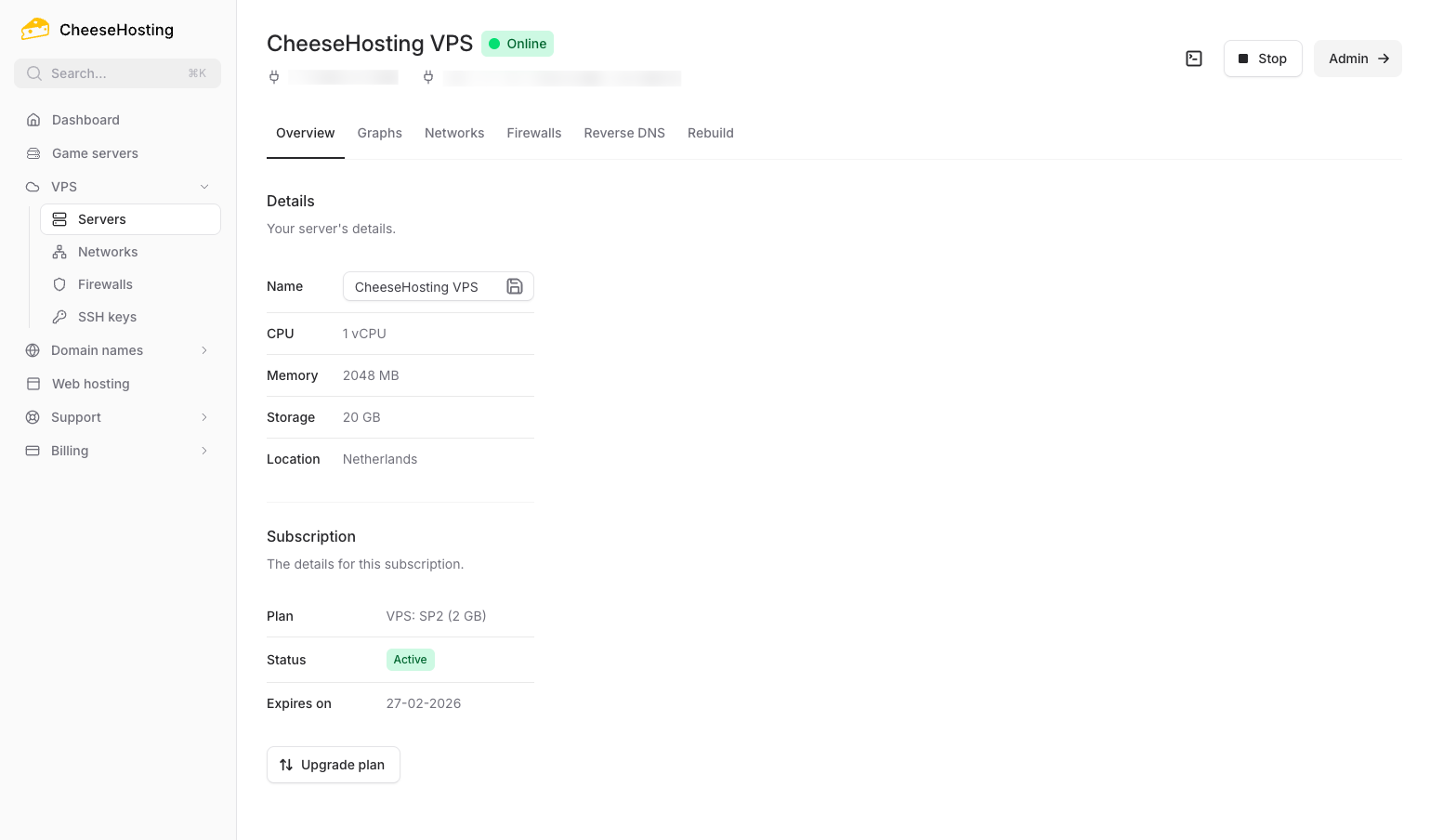 VPS management in the CheeseHosting control panel