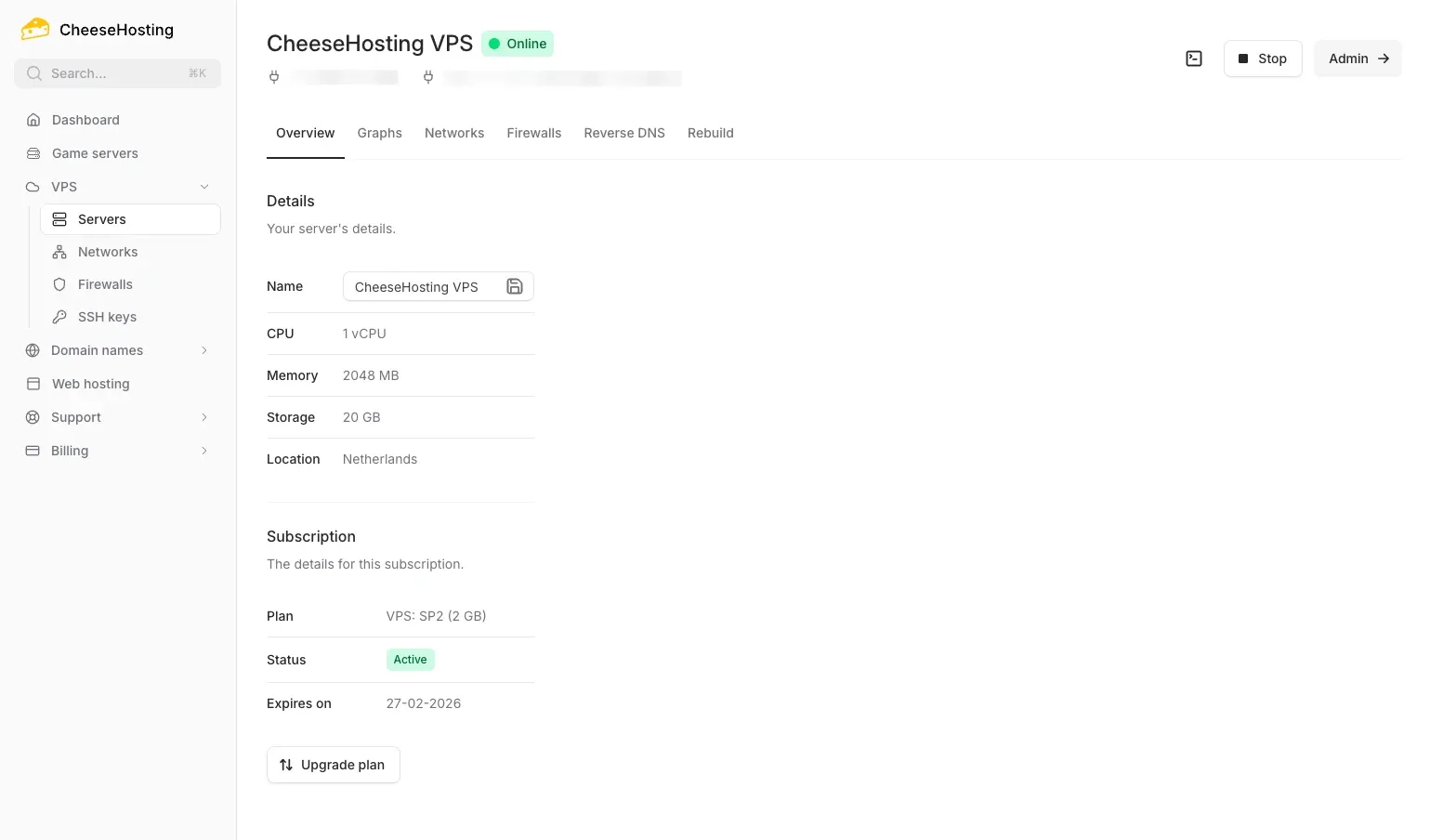 VPS management in the CheeseHosting control panel