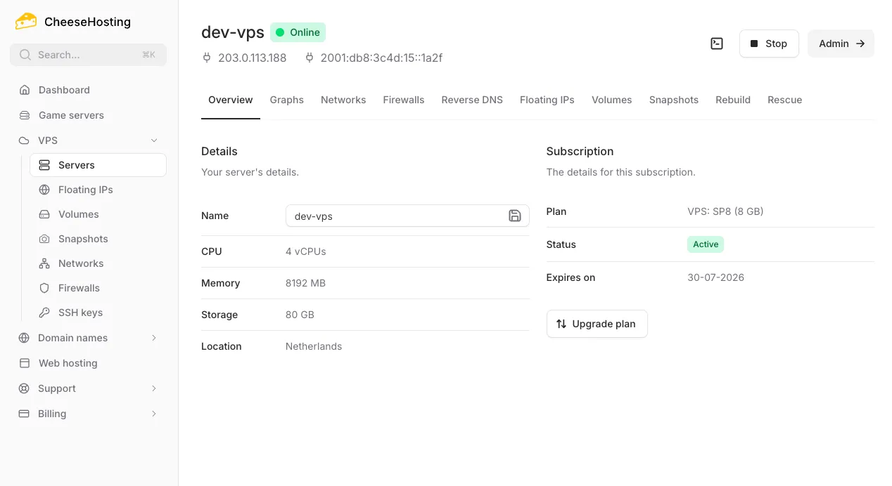 VPS management in the CheeseHosting control panel