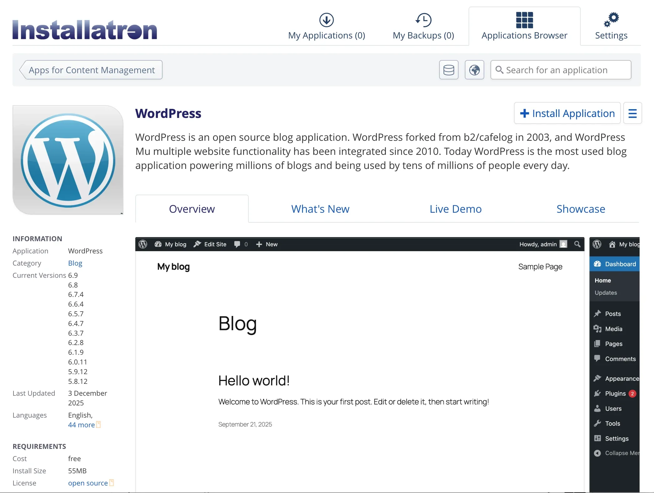 Installatron one click installation for Wordpress