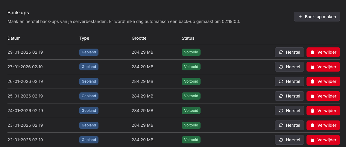 Gratis automatische back-ups inbegrepen bij Minecraft serverhosting