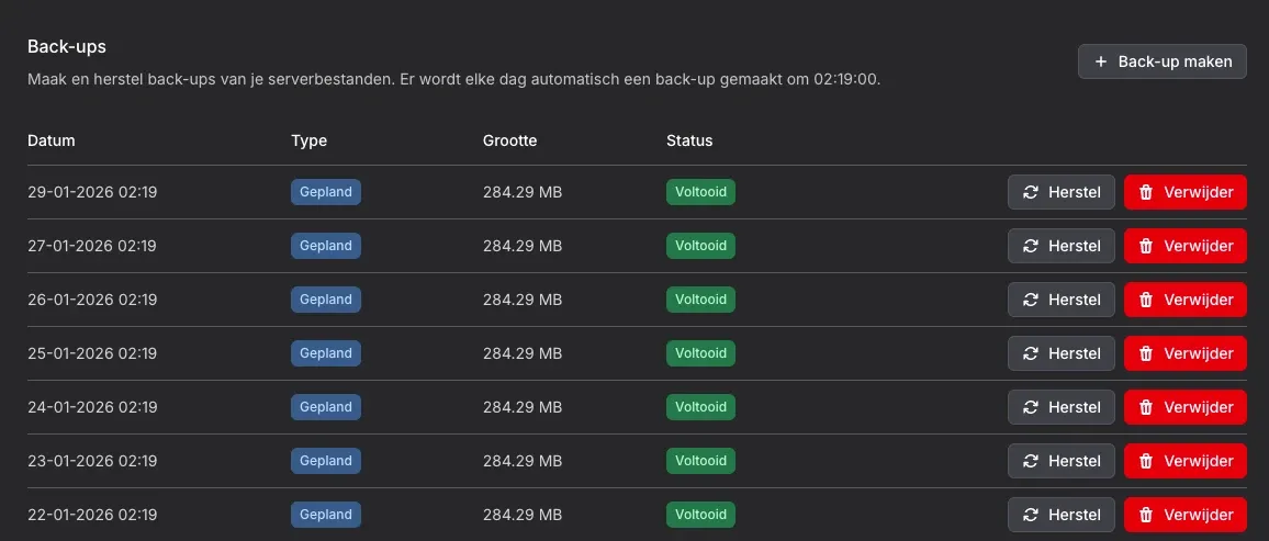 Gratis automatische back-ups inbegrepen bij Minecraft serverhosting
