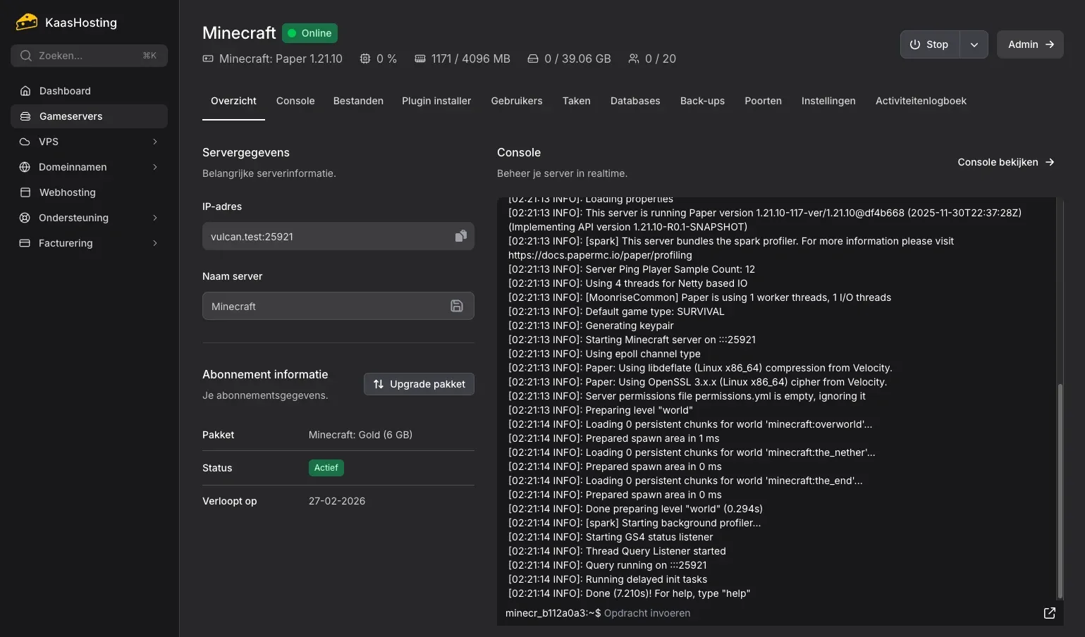 Eigen KaasHosting controlepaneel