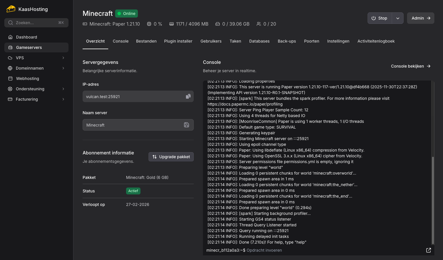 Minecraft server hosting controlepaneel