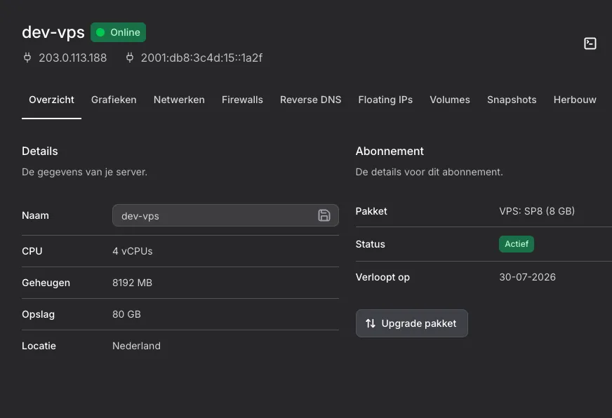 VPS beheer in het KaasHosting controlepaneel
