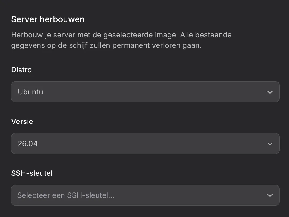 VPS herinstalleren en besturingssysteem kiezen in het controlepaneel