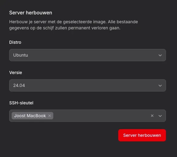 VPS besturingssysteem keuze in configuratiescherm
