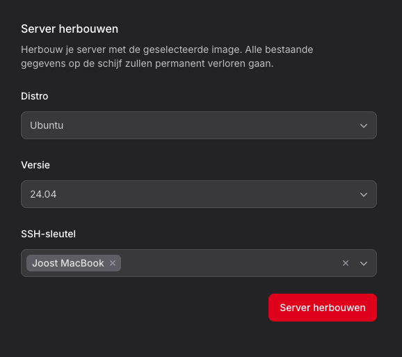 VPS besturingssysteem keuze in configuratiescherm