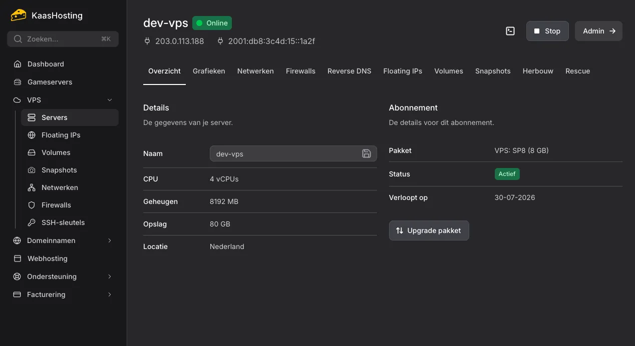 VPS beheer in het KaasHosting controlepaneel
