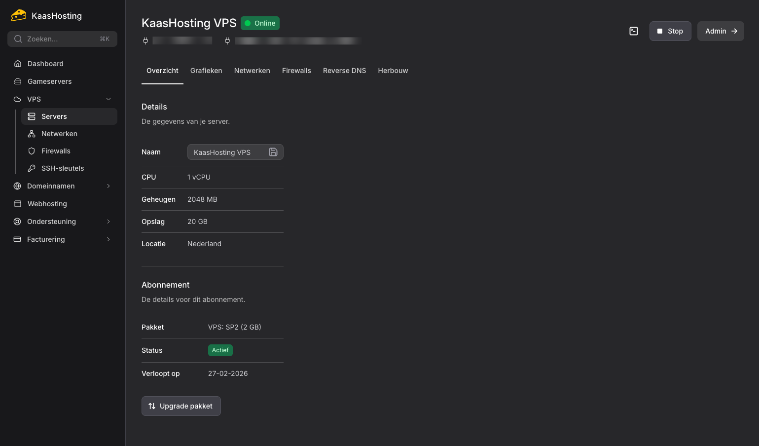 VPS beheer in het KaasHosting controlepaneel