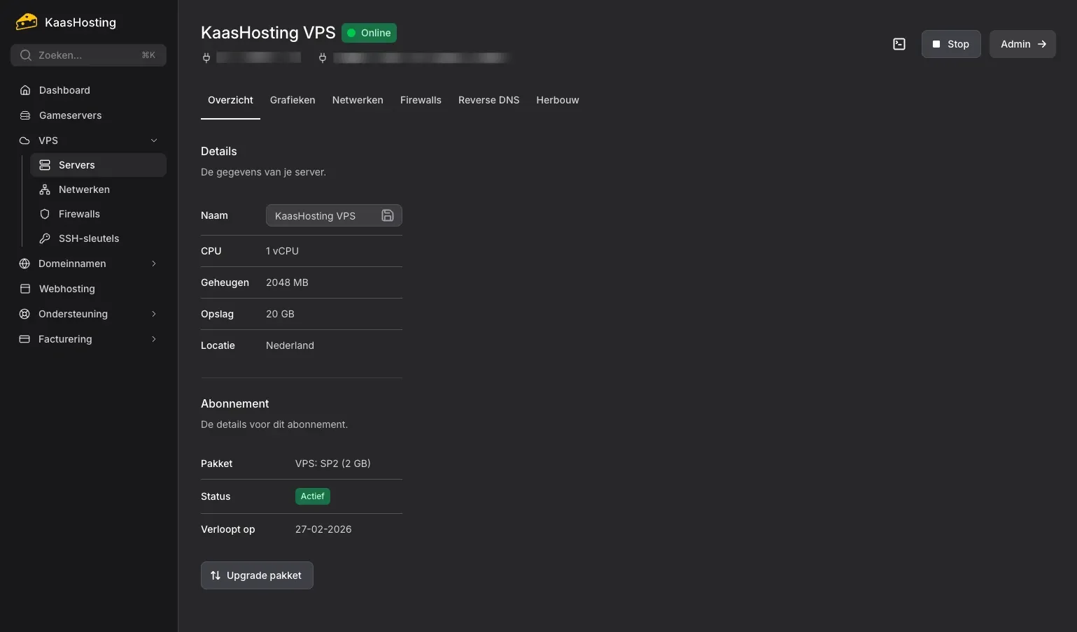 VPS beheer in het KaasHosting controlepaneel