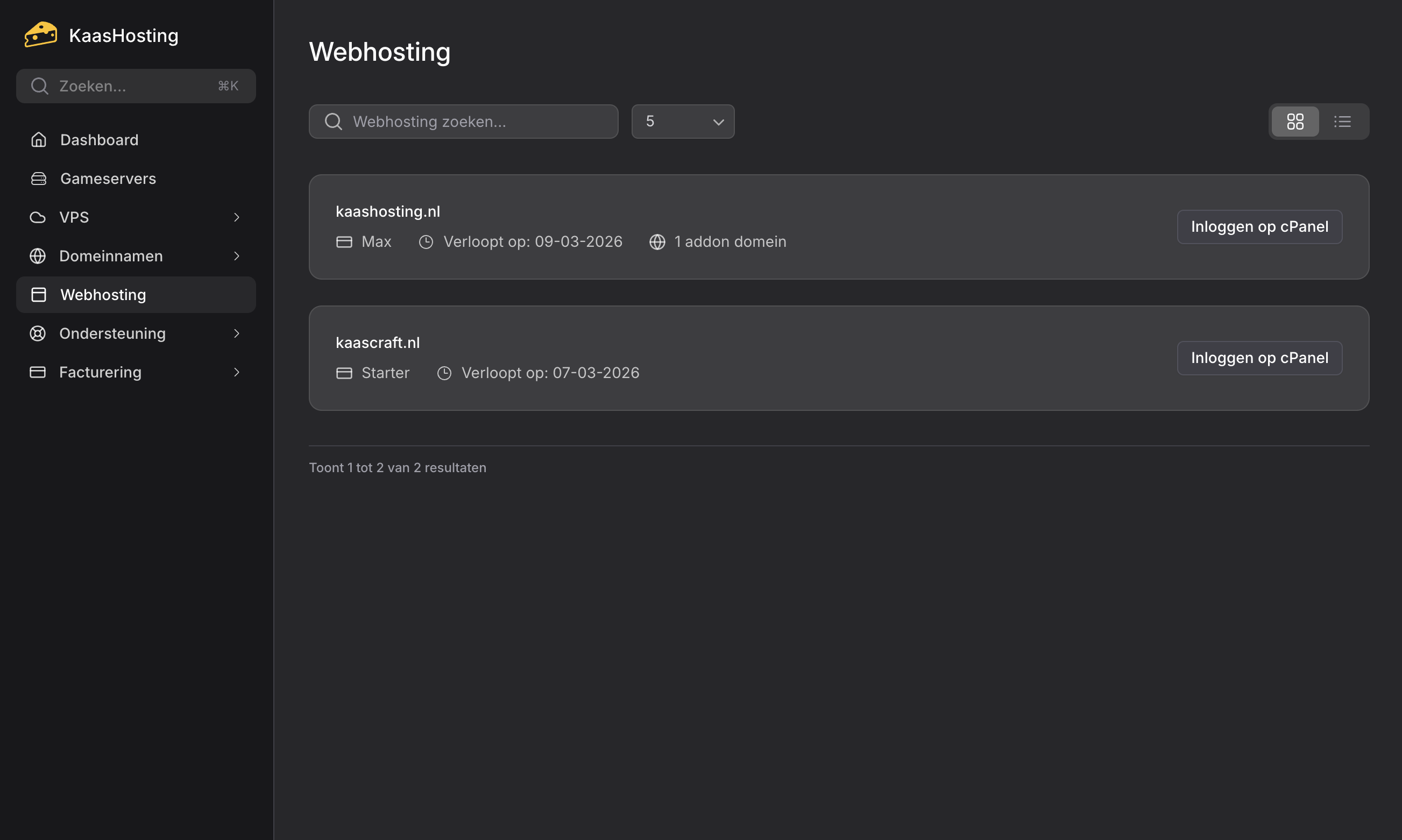 KaasHosting webhosting controlepaneel
