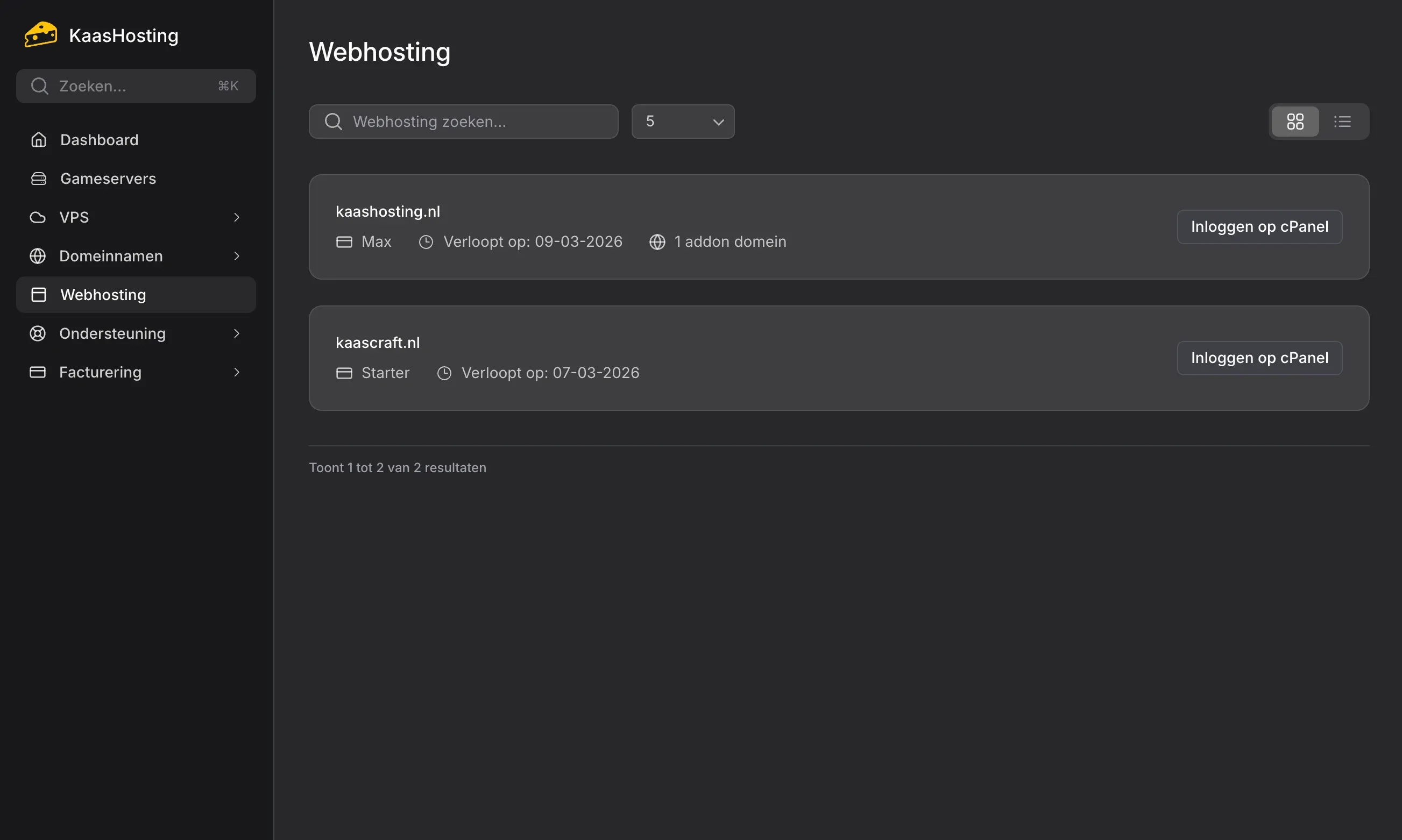 KaasHosting webhosting controlepaneel