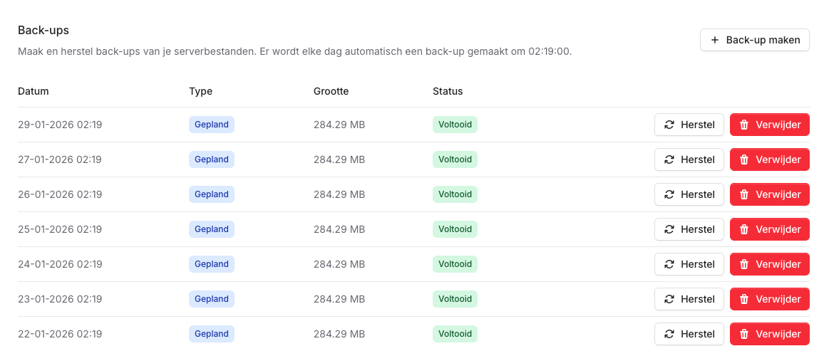 Gratis automatische back-ups inbegrepen bij Minecraft serverhosting