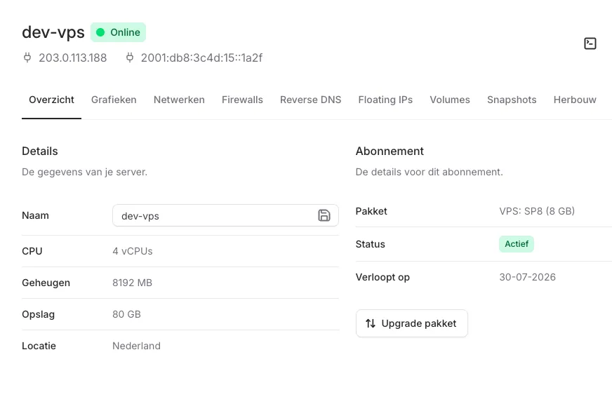 VPS beheer in het KaasHosting controlepaneel