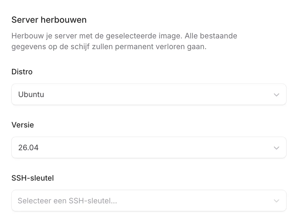 VPS herinstalleren en besturingssysteem kiezen in het controlepaneel