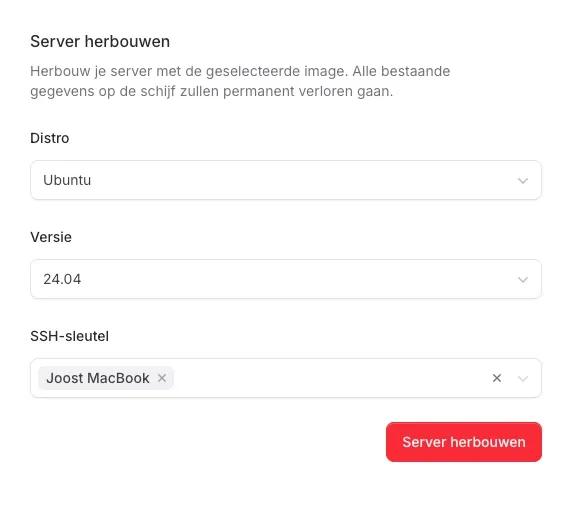 VPS besturingssysteem keuze in configuratiescherm