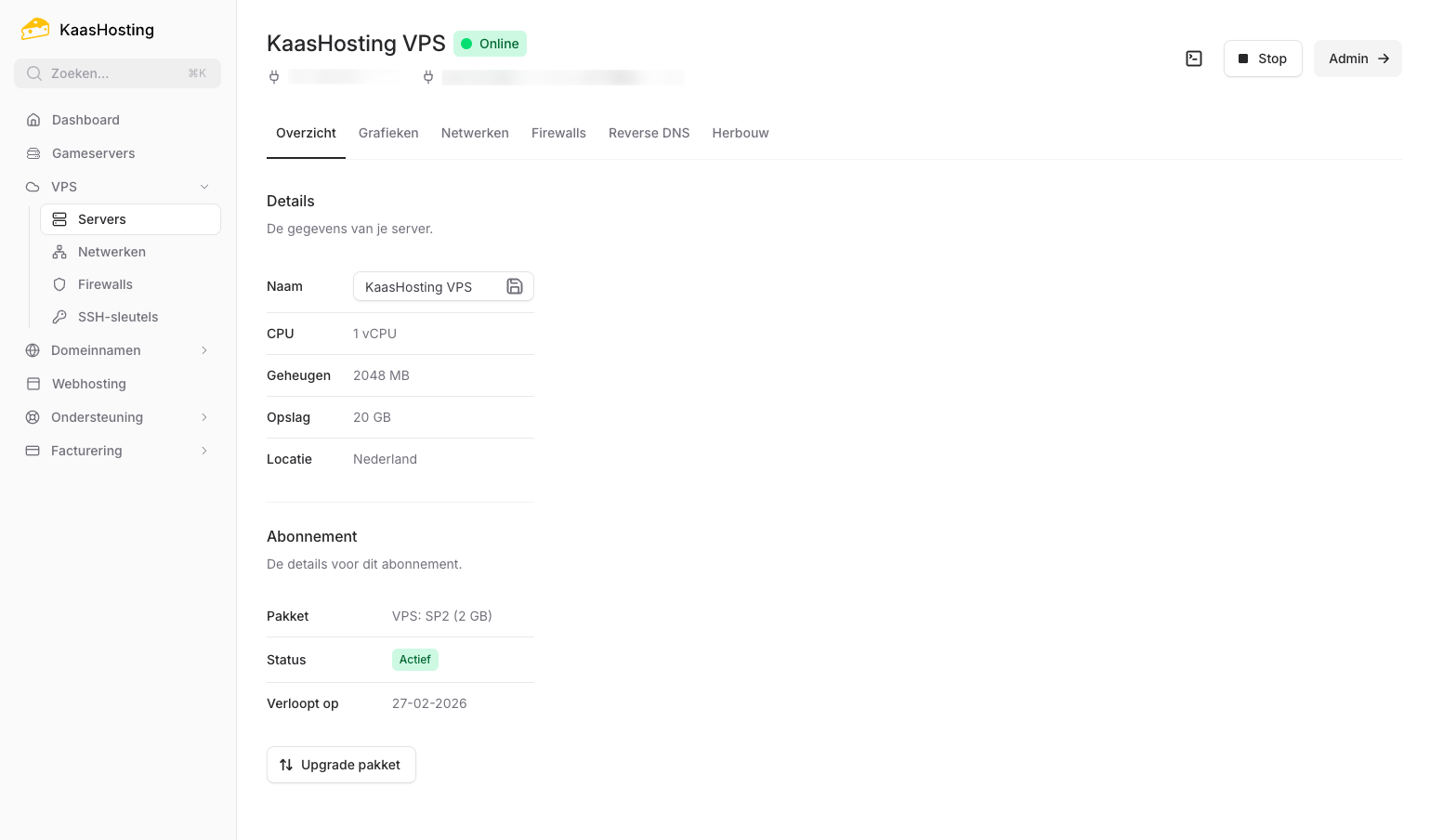 VPS beheer in het KaasHosting controlepaneel