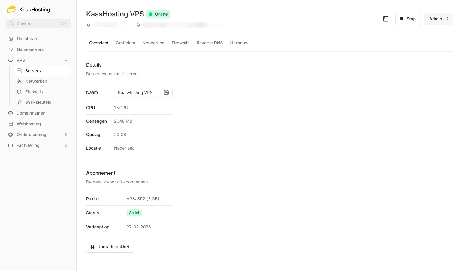 VPS beheer in het KaasHosting controlepaneel