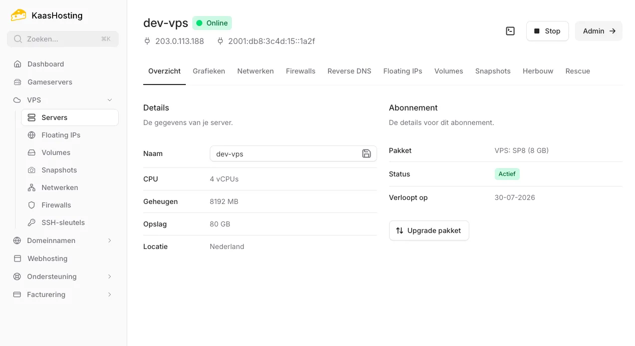VPS beheer in het KaasHosting controlepaneel