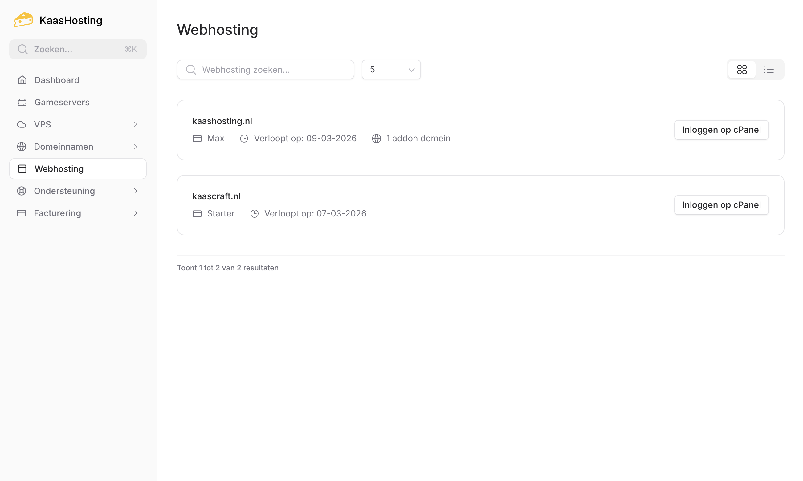 KaasHosting webhosting controlepaneel