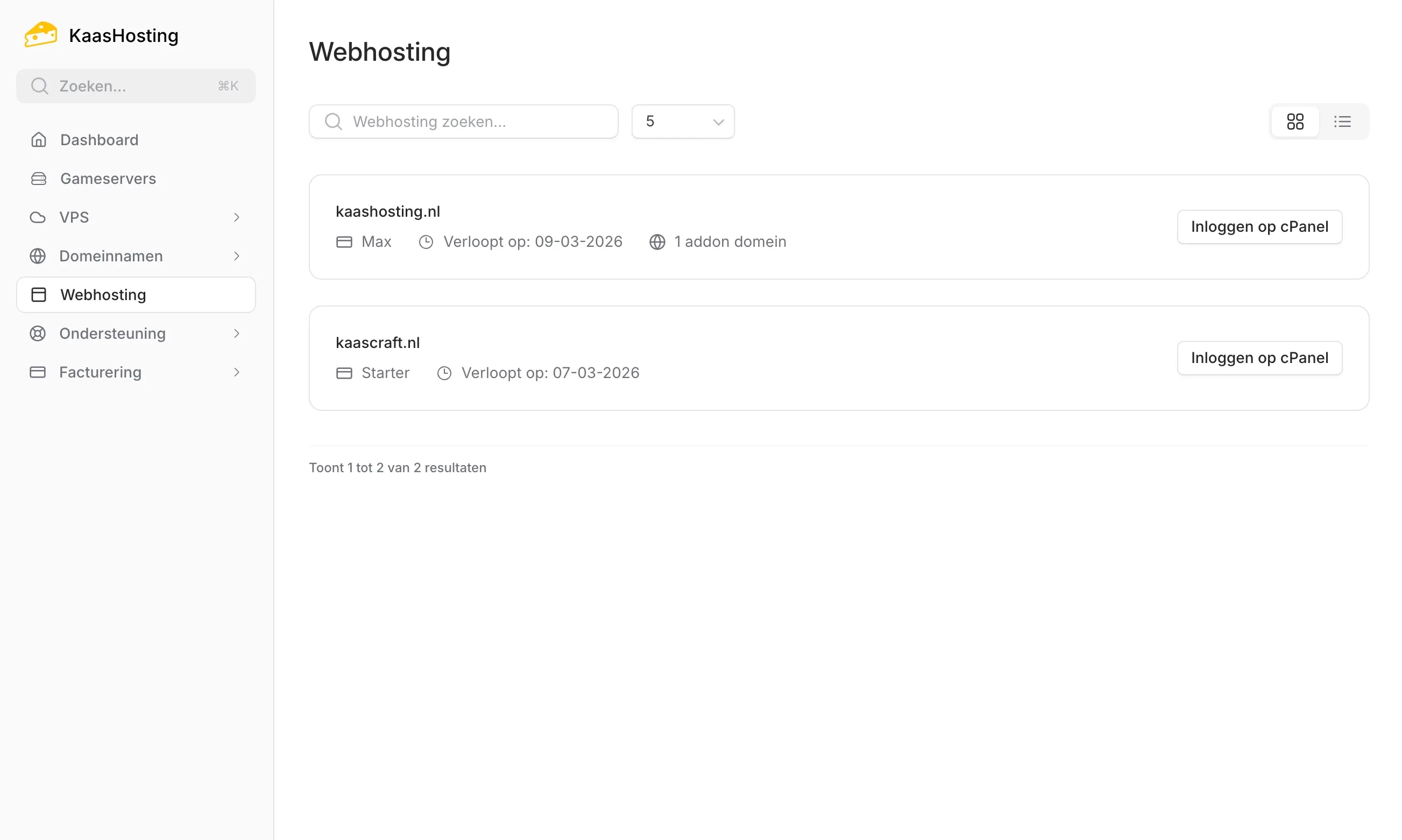 KaasHosting webhosting controlepaneel