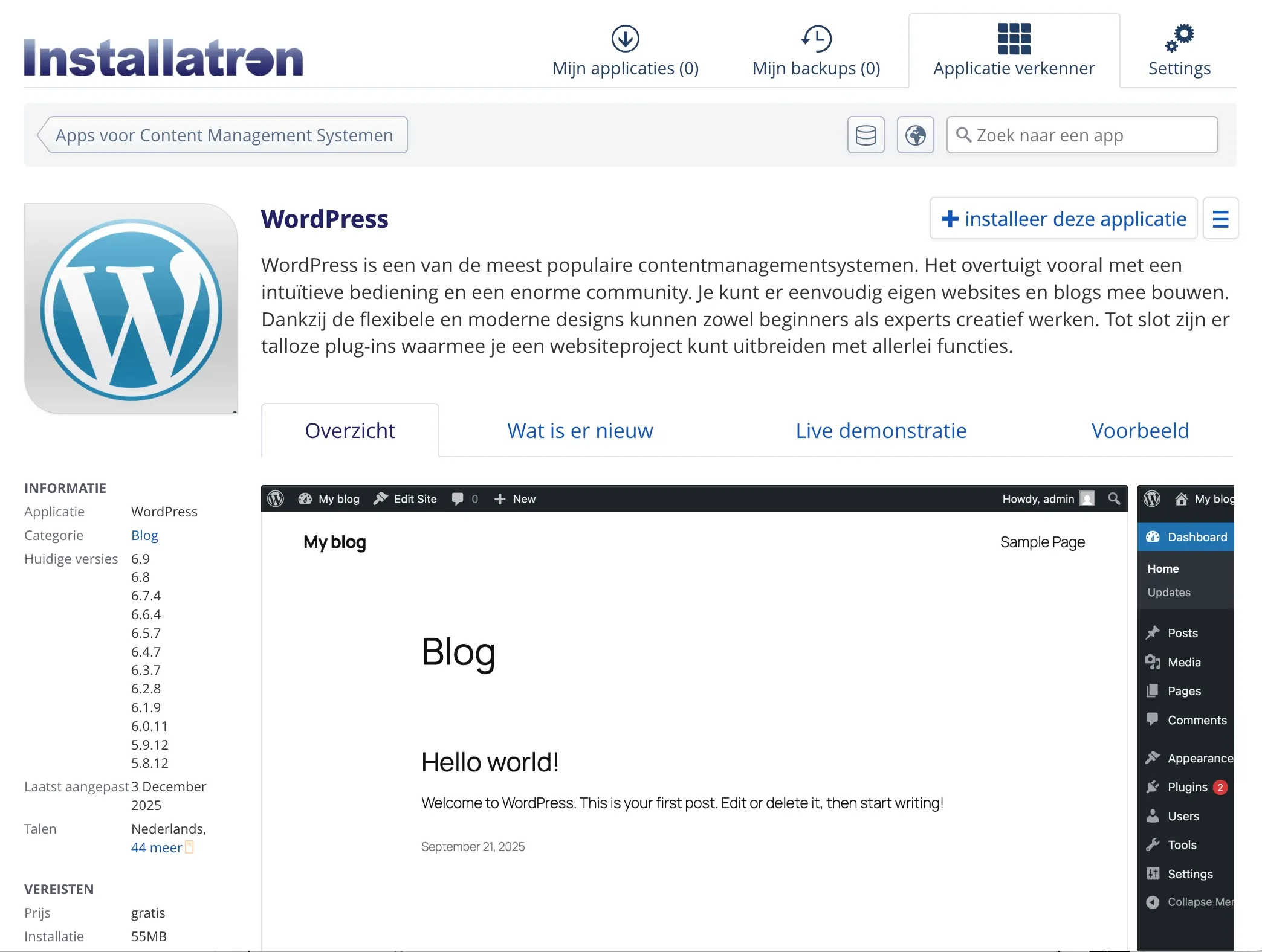 Installatron één klik installatie voor Wordpress